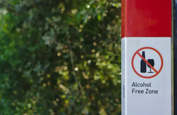 Alcohol free zone sign in red circle with white background and black icons