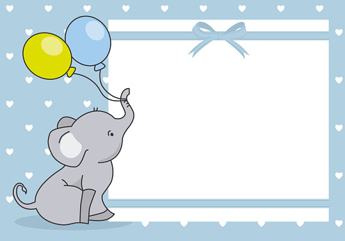baby boy shower card. cute elephant with balloon. space for text