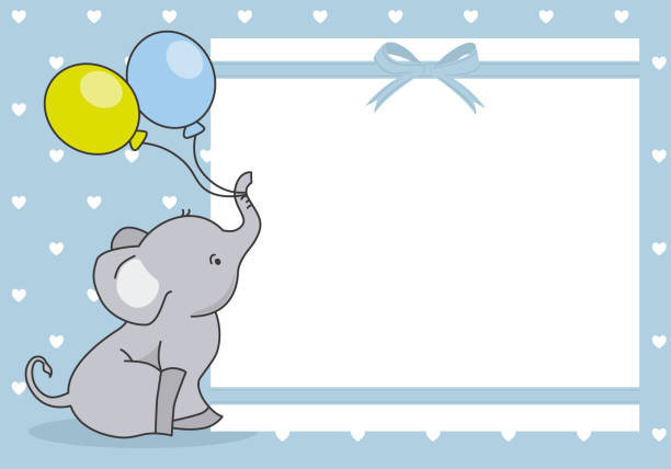 baby boy shower card. cute elephant with balloon. baby boy shower card. cute elephant with balloon. space for text baby shower card stock illustrations