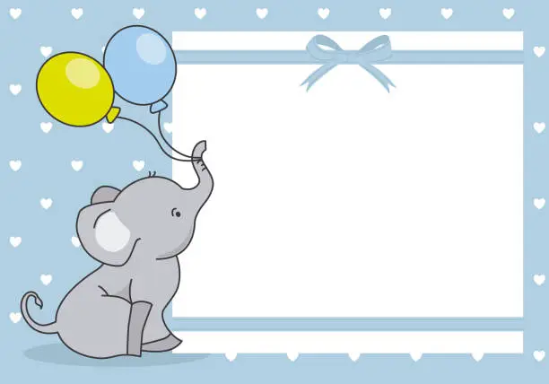 Vector illustration of baby boy shower card. cute elephant with balloon.