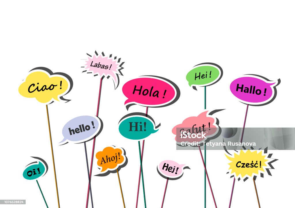 multicolor speech bubbles with greetings in various European languages isolated on the white background, horizontal vector illustration Language stock vector