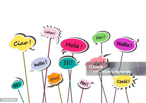 Multicolor Speech Bubbles With Greetings In Various European Languages Isolated On The White Background Horizontal Vector Illustration Stock Illustration - Download Image Now