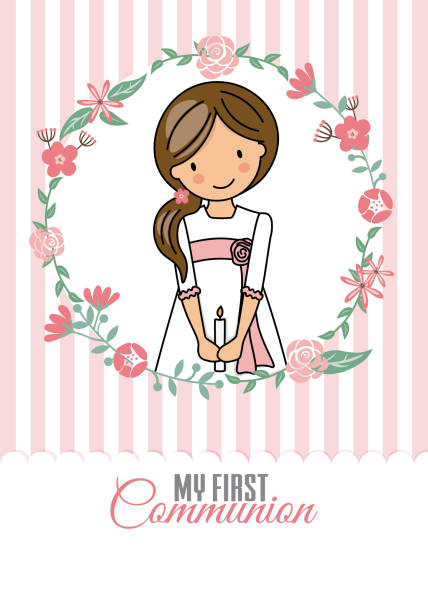 my first communion girl my first communion girl. Pretty girl inside a flower frame communion stock illustrations