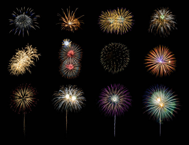 istock Collection of festive fireworks on black background 1076528984