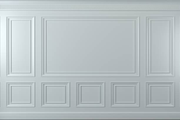 clásico muro de paneles de madera blancos. diseño y tecnología - cornisa fotografías e imágenes de stock