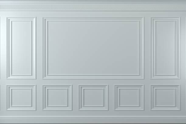 Classic wall of white wood panels. Design and technology