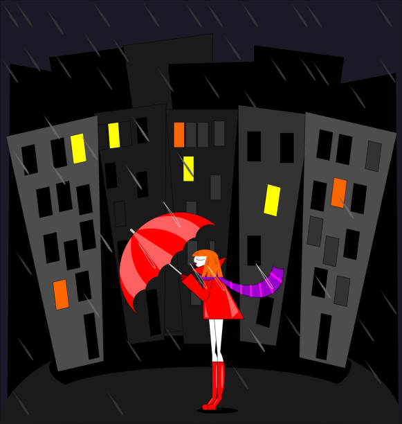 illustrazioni stock, clip art, cartoni animati e icone di tendenza di immagine a colori astratta della città notturna, pioggia e ragazza rossa - noontime