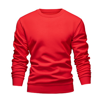 Men's blank mockup red sweatshirt wavy concept with long sleeves isolated white background. Front view empty template pullover with clipping path. Blank design warm winter clothes sweater for print.