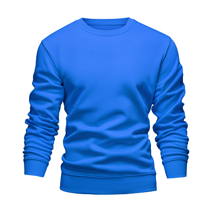 Men's blank mockup blue sweatshirt wavy concept with long sleeves isolated white background. Front view empty template pullover with clipping path. Blank design warm winter clothes sweater for print.