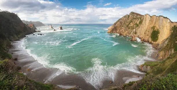 Idyllic coastline panorama landscape in Cantabric sea, Playa del silencio, (silence beach) Asturias, Spain.
