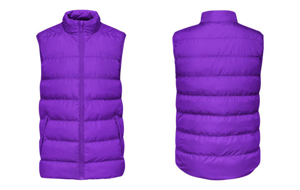 Blank template purple waistcoat down jacket sleeveless with zipped, front and back view isolated on white background. Mockup violet winter sport vest for your design stock photo