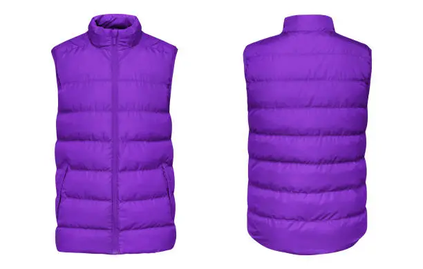 Photo of Blank template purple waistcoat down jacket sleeveless with zipped, front and back view isolated on white background. Mockup violet winter sport vest for your design