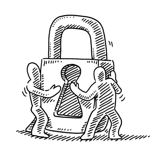 Vector illustration of Two Human Figures Moving A Padlock Drawing