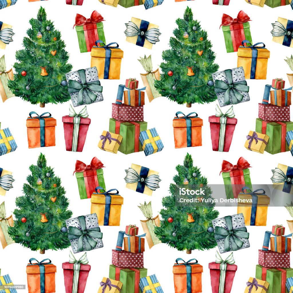Vetores de Padrão De Aquarela Com Árvore De Natal E Presentes Árvore De  Pinho Pintada Mão Com Brinquedos Caixas De Presente Com Arcos Isolados No  Fundo Branco Feriado Ilustração Para Design Impressão