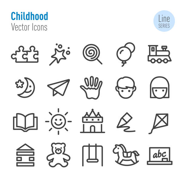 illustrazioni stock, clip art, cartoni animati e icone di tendenza di icone dell'infanzia - vector line series - sun sky child balloon