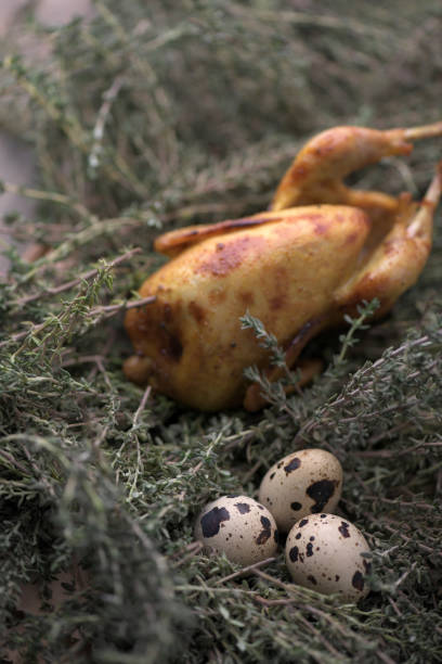 Fresh quail meat, quail eggs. Delicious fried quail with herbs and greens. Serving board with whole baked quails in a rustic wooden setting. Eggs quail and feathers in the shape of a nest on a white background. Easter concept. Flat lay and top view. Delic