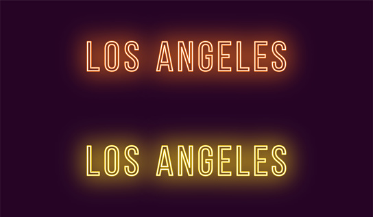Neon name of Los Angeles city in USA. Vector text of Los Angeles, Neon inscription with backlight in Thin style, orange and yellow colors. Isolated glowing title for decoration. Without overlay mode