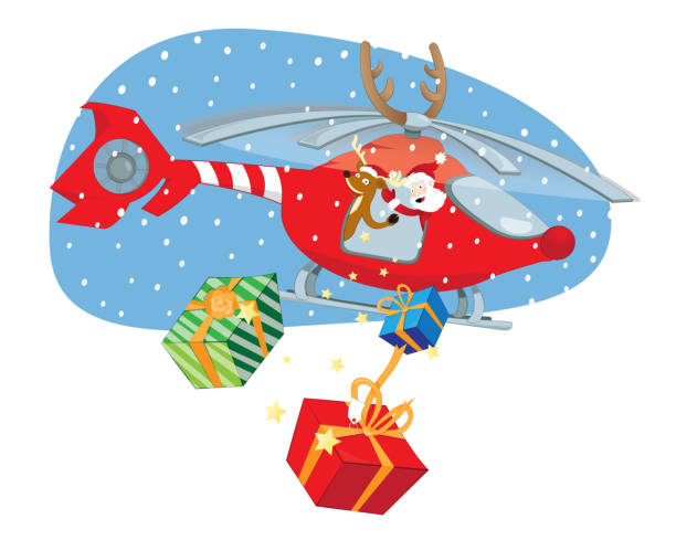 Funny Santa Claus and Reindeer delivering gifts in a red helicopter vector art illustration