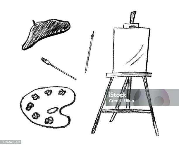 Handdrawn Vector Icons Of Easel Beret And Art Brushes Stock Illustration - Download Image Now