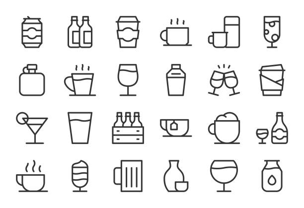 ilustraciones, imágenes clip art, dibujos animados e iconos de stock de bebida icons set 1 - serie de linea - bebida alcohólica