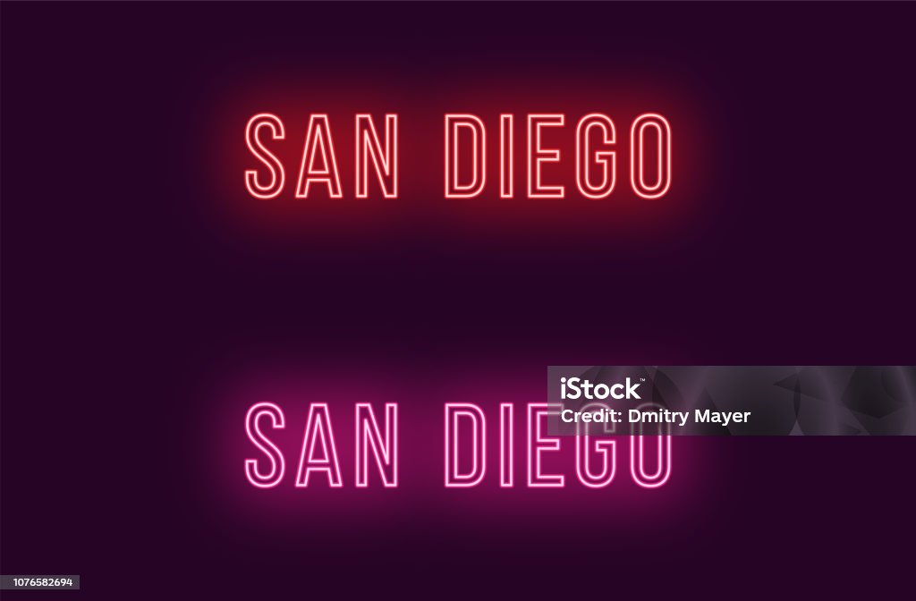 Neon name of San Diego city in USA. Vector text Neon name of San Diego city in USA. Vector text of San Diego, Neon inscription with backlight in Thin style, red and pink colors. Isolated glowing title for decoration. Without overlay mode California stock vector
