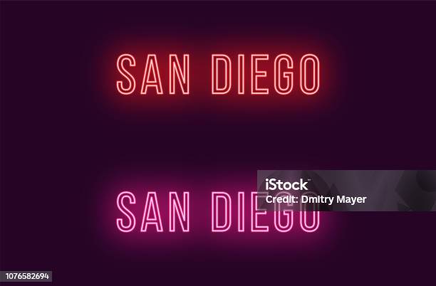 Neon Name Of San Diego City In Usa Vector Text Stock Illustration - Download Image Now - California, Capital - Architectural Feature, Capital Letter