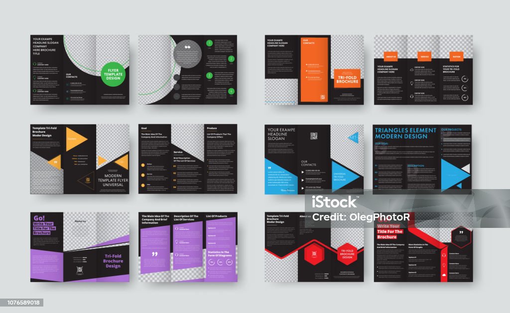 Set of vector black templates for tri-fold brochures with space for photos and various geomteric forms. Set of vector black templates for tri-fold brochures with space for photos and various geomteric forms. Folding flyer design for business and advertising Tri-Fold Brochure stock vector