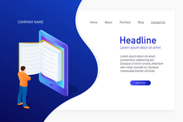 ilustrações, clipart, desenhos animados e ícones de conceito da página principal do site com o ebook. - business computer monitor paper digital tablet