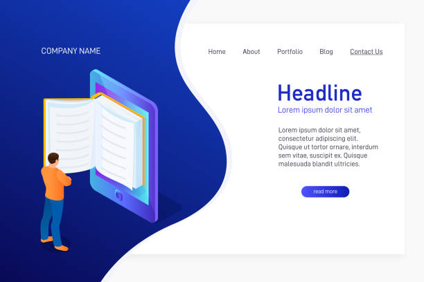 Concept of main page of web site with eBook. Concept of main page of web site with eBook. Landing page design with isometry. Person, man is standing and reading 3d eBook. Vector illustration. reading menu stock illustrations