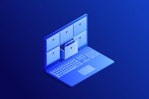 Isometric concept of database. Isometric concept of database, card index in laptop. 3d computer with drawers, storage system. Vector illustration. document storage stock illustrations
