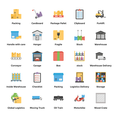 Here you can see industrial storeroom flat icons pack containing elements related to good storage, storeroom and so on. Beautifully designed elements can be used in related field by little modification.