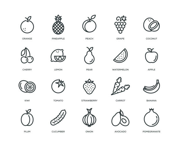 фруктовые и овощные иконки - серия линий - strawberry tomato stock illustrations