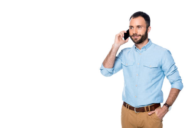 istock smiling man talking on smartphone isolated on white 1076595532