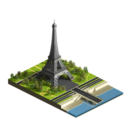 Eiffel tower with terrain isolated on the white. Champs de Mars. Isometric view. 3D render illustration.