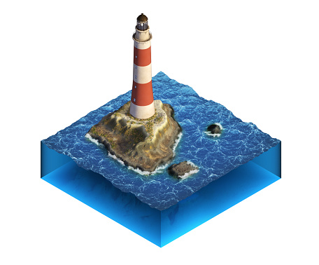 Small piece of ocean with islands and lighthouse. Isometric illustration. 3D render.