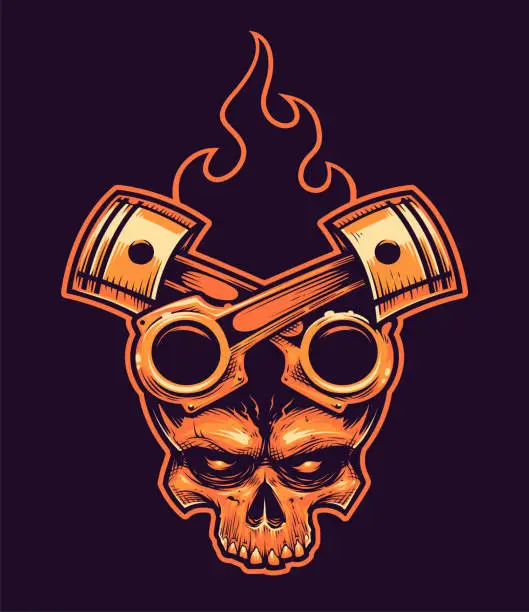 Vector illustration of Vector Skull with Crossed Pistons and Fire