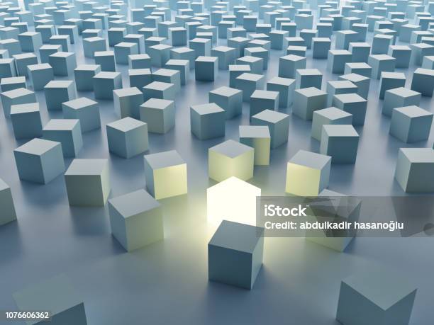 Luminous Cube Individuality Stock Photo - Download Image Now - Standing Out From The Crowd, Abstract, Concepts