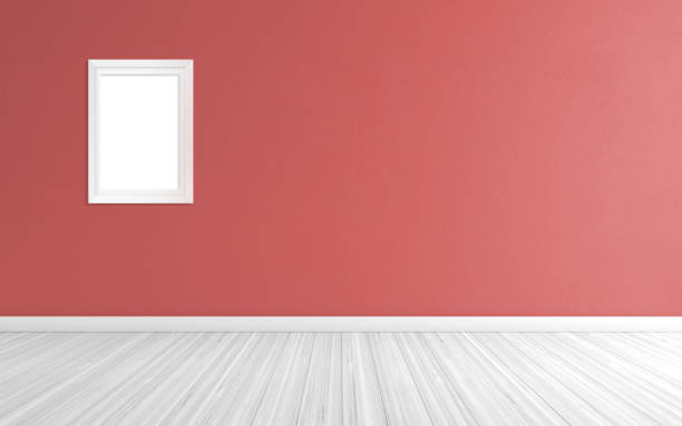 istock Empty interior wooden floor with red wall and frame, for your design and product 1076607362