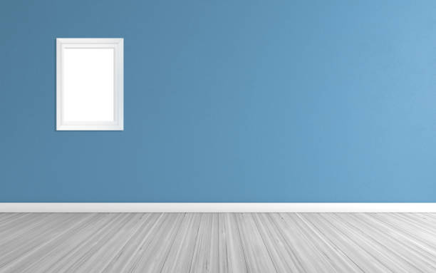 istock Empty interior wooden floor with blue wall and frame, for your design and product 1076608428