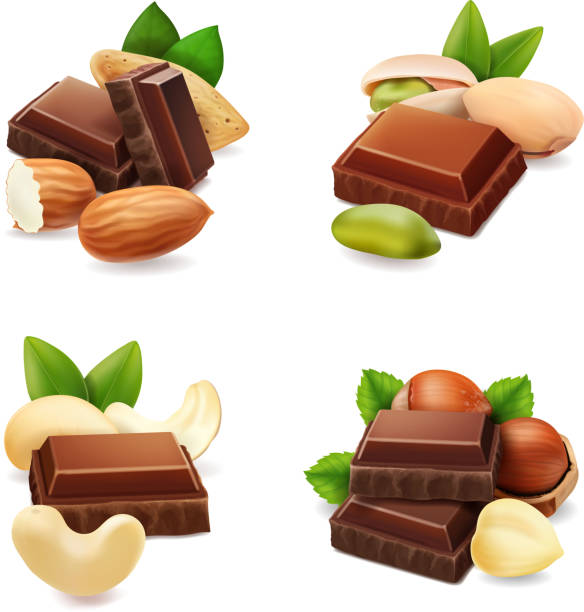 dunkler schokolade mit nüssen realistisch setzen isoliert vektor-illustration. - haselnuss stock-grafiken, -clipart, -cartoons und -symbole