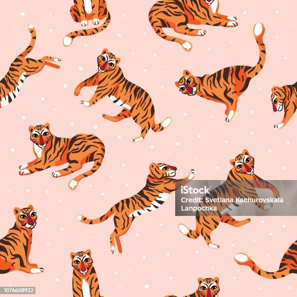 Seamless Pattern With Tigers In Different Poses Vector Illustration For Textile Wallpaper Packaging Or Other Stock Illustration - Download Image Now