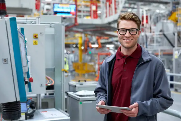 Portrait of mid adult engineer holding digital tablet by control panel at automobile industry. Confident professional is wearing uniform. Male is standing at car plant.