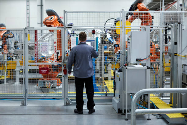 Rear view of male engineer working in car plant