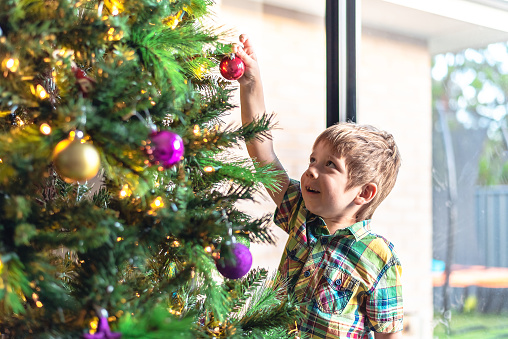Cute Australian boy decorating Christmas tree at home