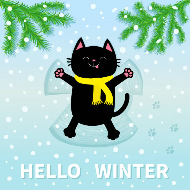 Hello Winter. Black cat laying on back. Making snow angel. Moving paws. Fir tree. Branch spruce Firtree Cute cartoon funny character Paw print track. Flat design. Blue snowflake background. Hello Winter. Black cat laying on back. Making snow angel. Moving paws. Fir tree. Branch spruce Firtree Cute cartoon funny character Paw print track. Flat design. Blue snowflake background. Vector snow angels stock illustrations