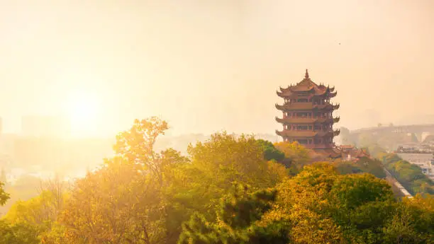 Yellow crane tower at sunset in Wuhan city