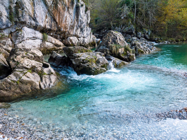 istock Blue clear water of the mountain river 1076618278
