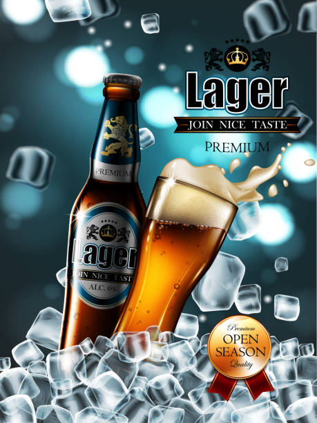 Design of advertising beer with bottle and glass in ice cubes. . Highly realistic illustration with the effect of transparency Design of advertising beer with bottle and glass in ice cubes. High detailed delicous illustration. beer brands stock illustrations