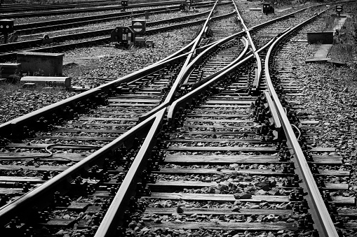 Railroad tracks and switch, black and white
