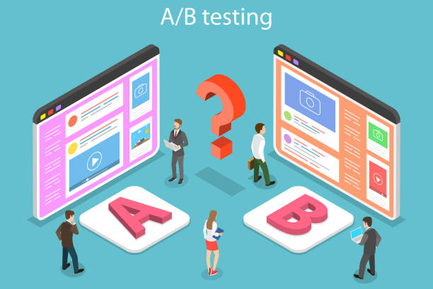 Isometric flat vector concept of AB testing, split test, A-B comparison. Isometric flat vector concept of AB testing, split test, A-B comparison, web development. scientific experiment stock illustrations